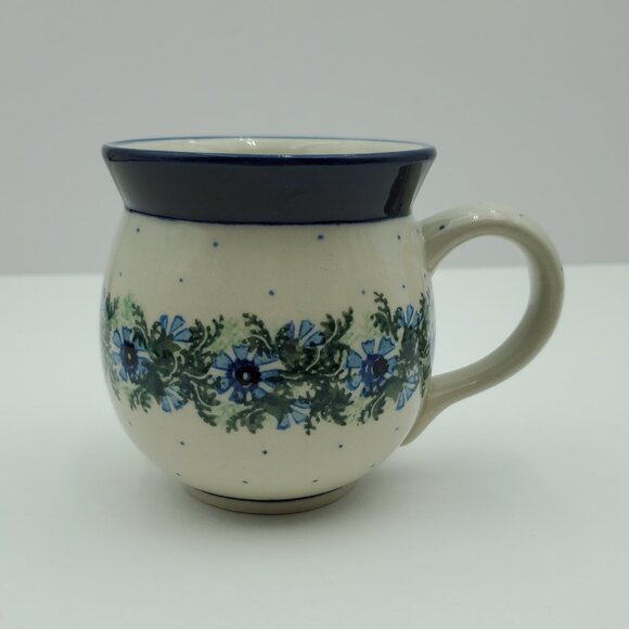 Polish Pottery Dotted Violet Bubble Mug Blue Flowers & Dots Round Mug - Picture 3 of 8